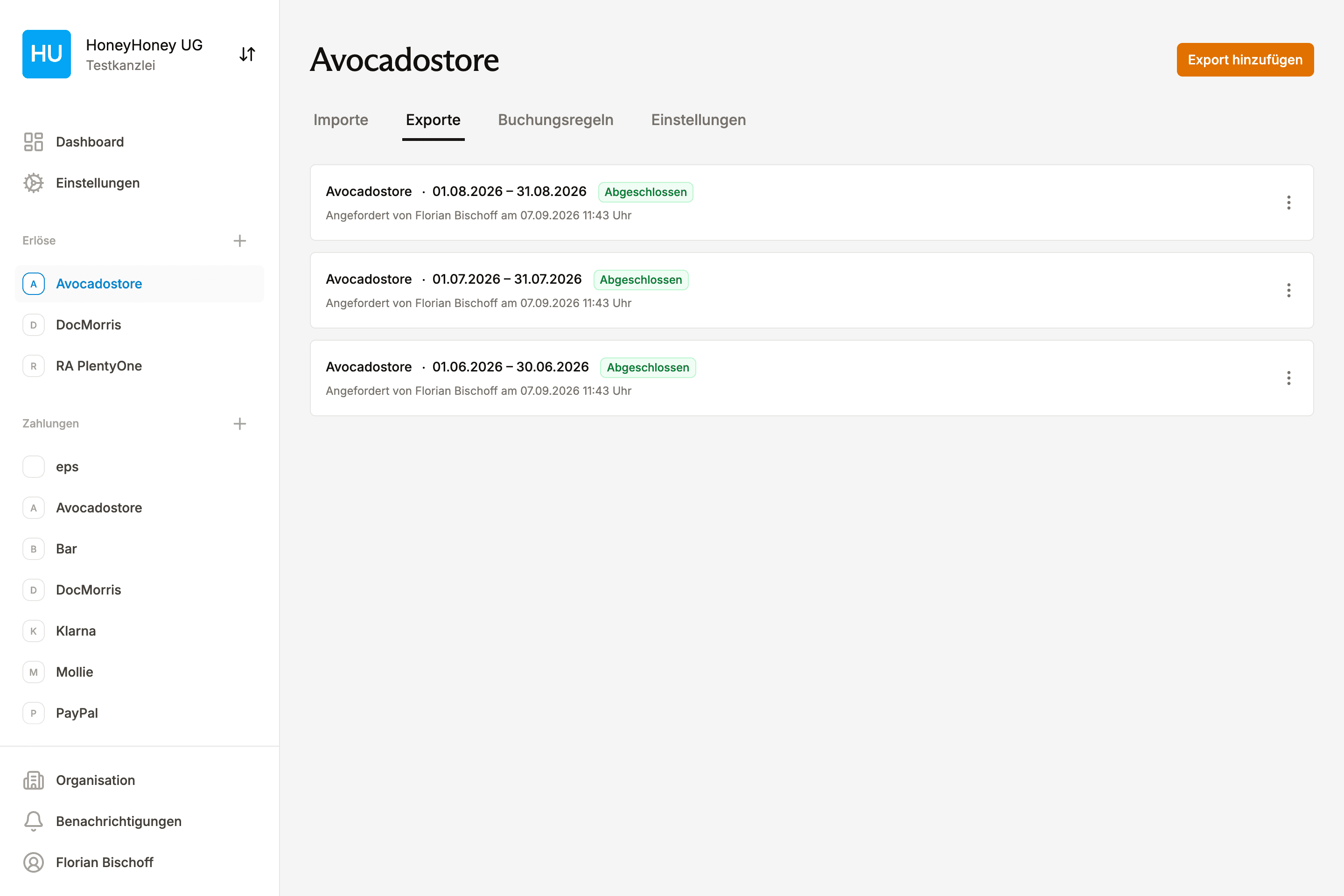 EasyPliant Dashboard zeigt die Aufbereitung der Avocadostore-Buchhaltung mit Exporten und automatisierter Transaktionsverarbeitung für die DATEV-Schnittstelle