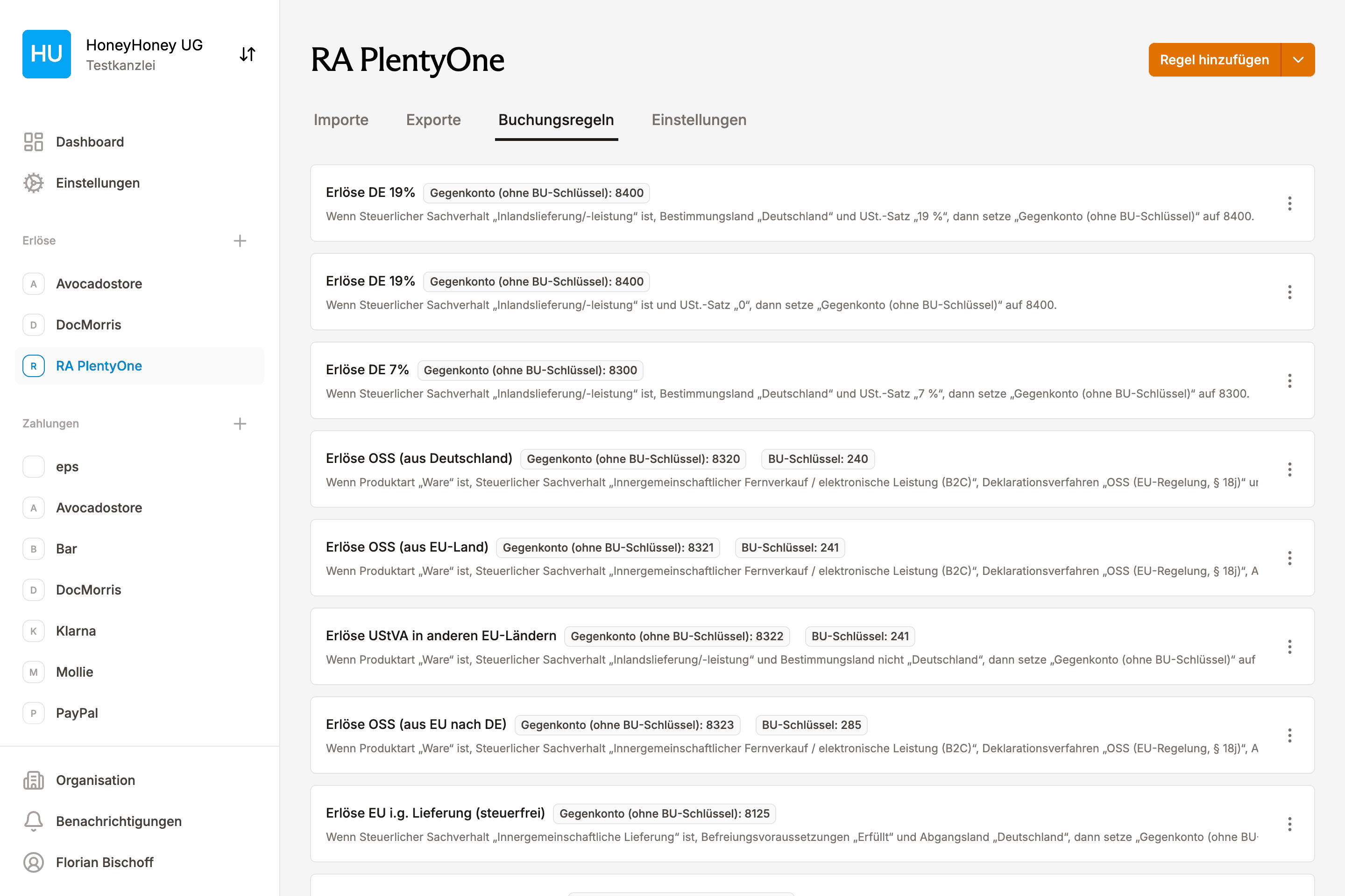 EasyPliant Buchungsregeln prüfen Steuersätze aus plentyONE für die automatische Verbuchung in DATEV