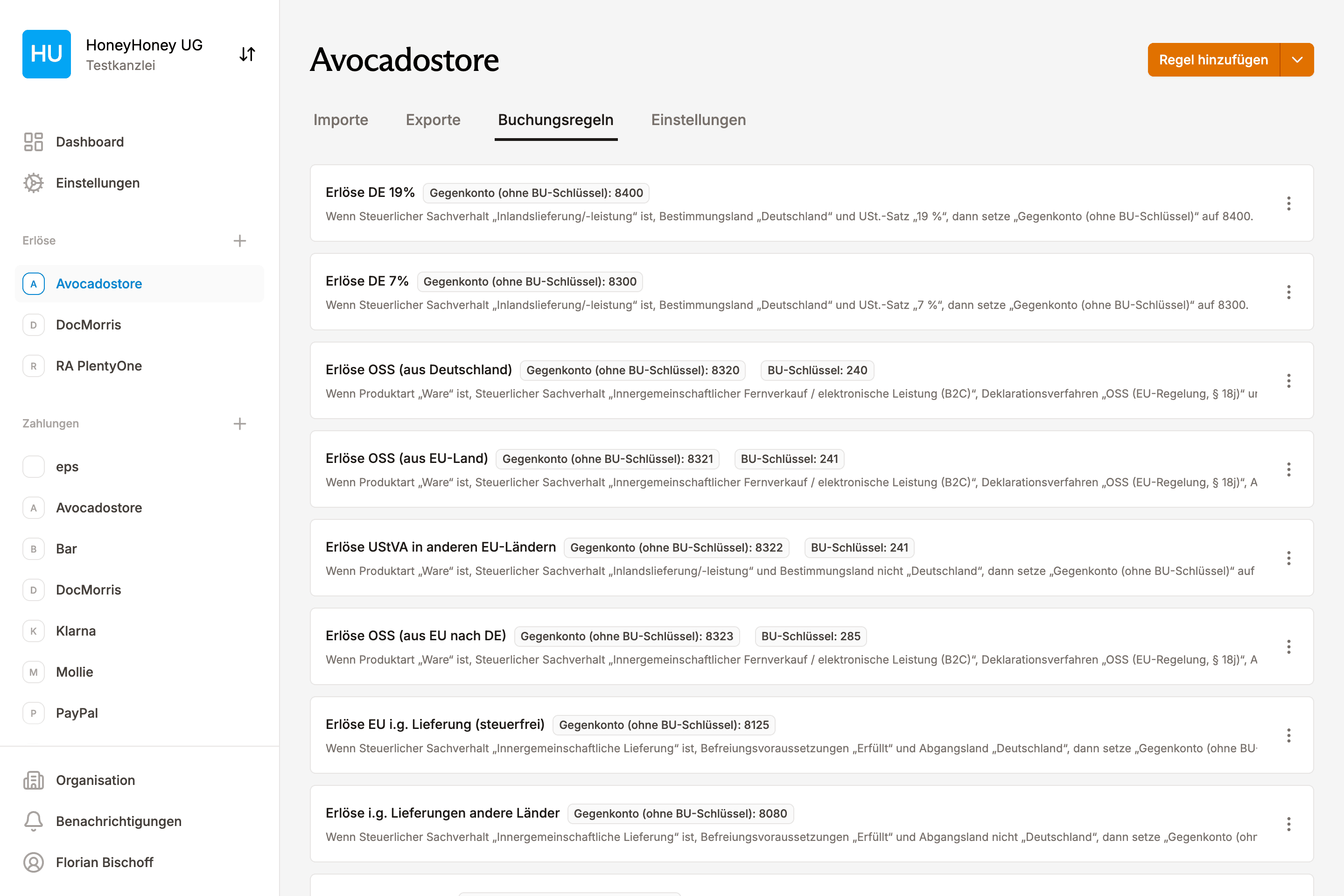 Konfigurierbare Buchungsregeln in EasyPliant zur automatischen Zuordnung von Avocadostore-Erlösen, Auszahlungen und Gebühren in DATEV