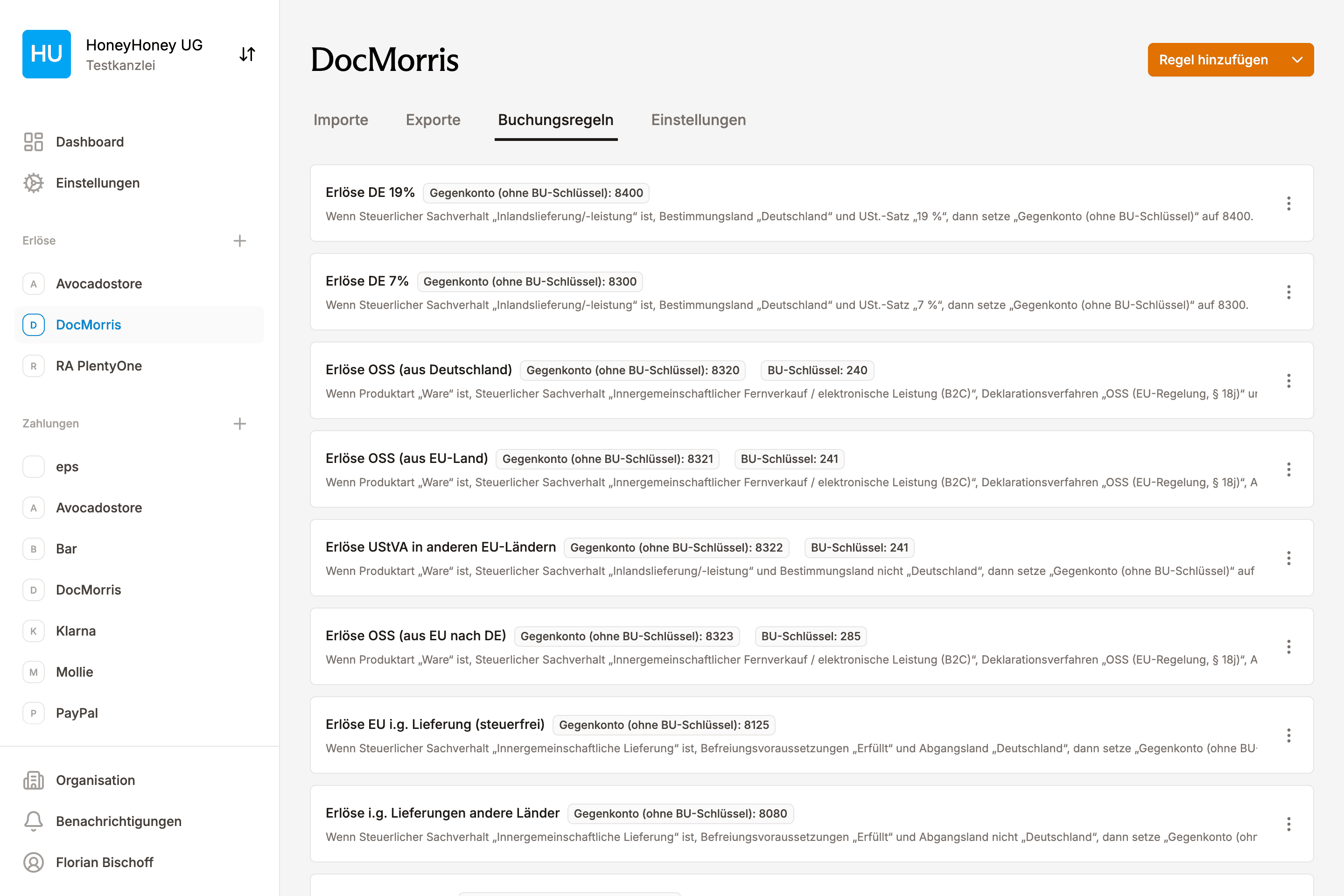 Konfigurierbare Buchungsregeln im EasyPliant-Dashboard zur Aufbereitung der DocMorris-Transaktionsdaten für DATEV