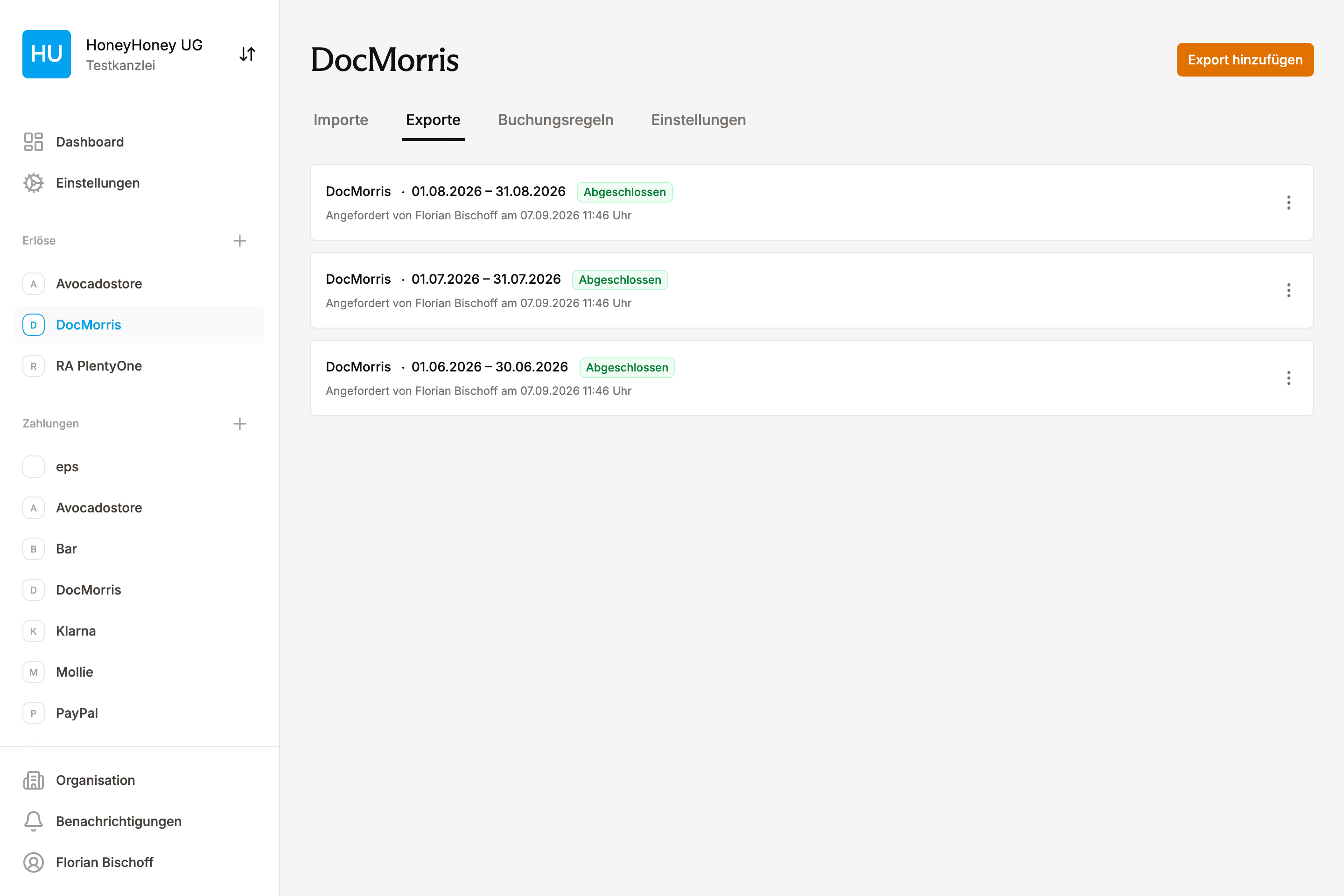 EasyPliant Dashboard zeigt die automatisierte Aufbereitung der DocMorris-Buchhaltung mit Exporten für die DATEV-Schnittstelle
