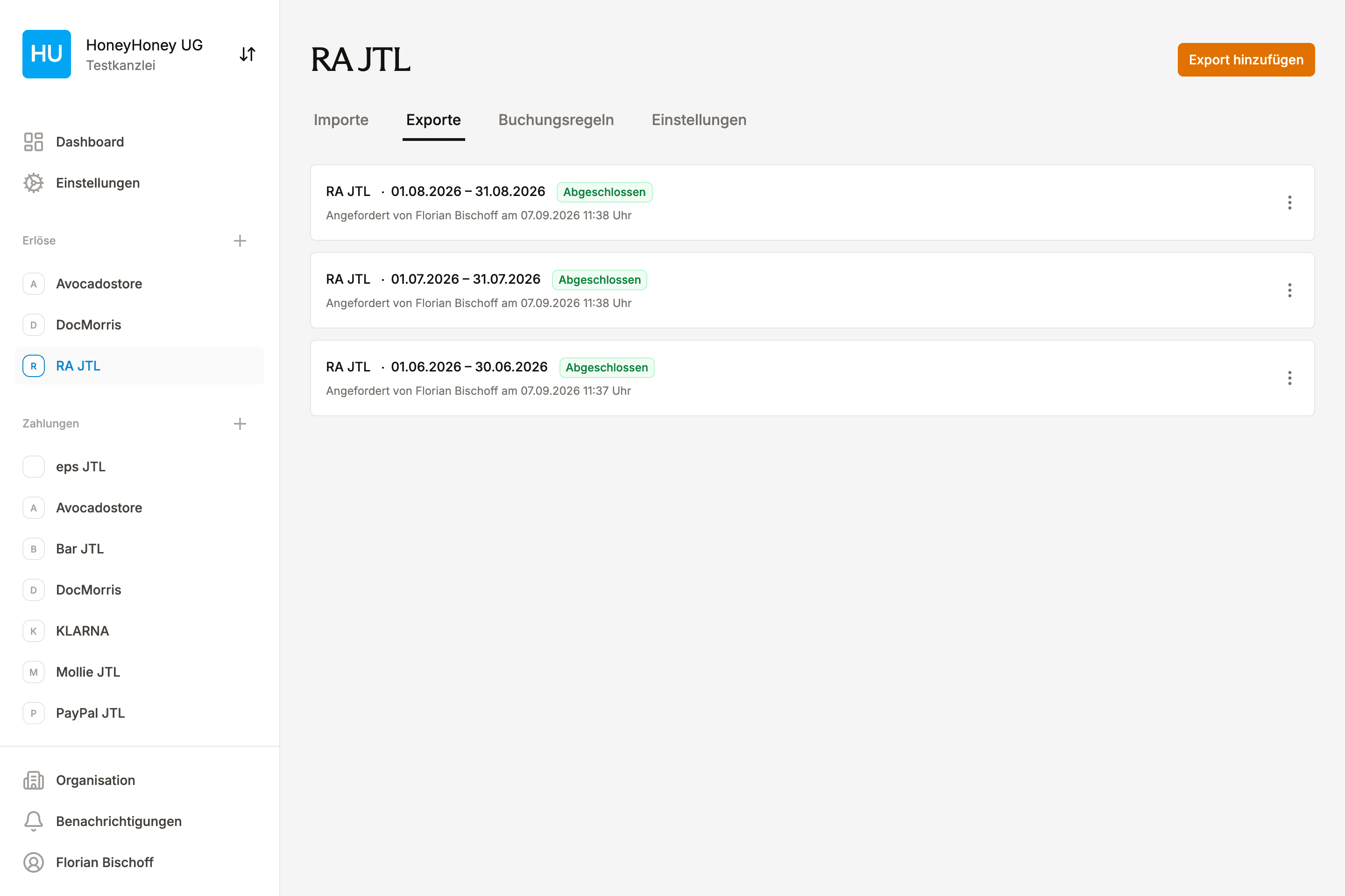 EasyPliant Dashboard zeigt die JTL-Buchhaltung mit Exporten und automatisierter Transaktionsverarbeitung für die DATEV-Schnittstelle