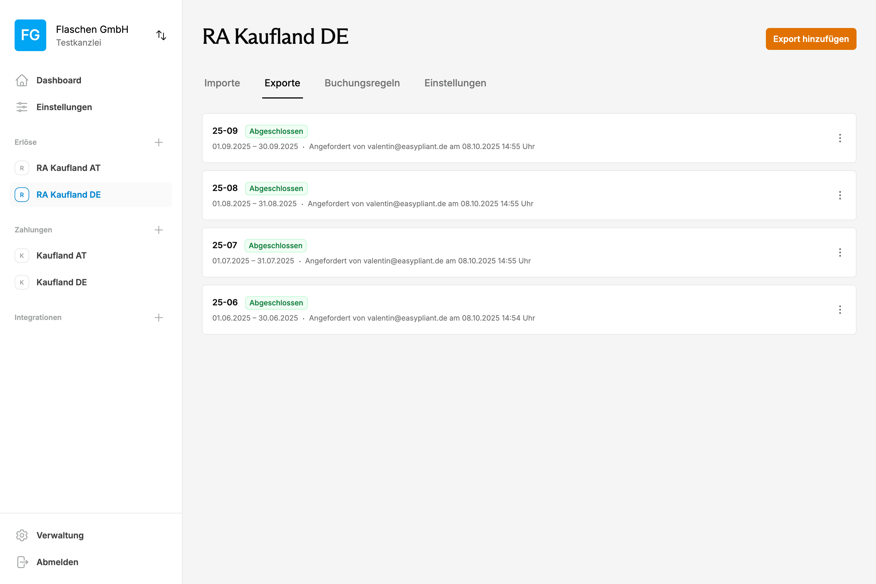 EasyPliant Dashboard zeigt Kaufland-Buchhaltung Exporte und automatisierte Transaktionsverarbeitung