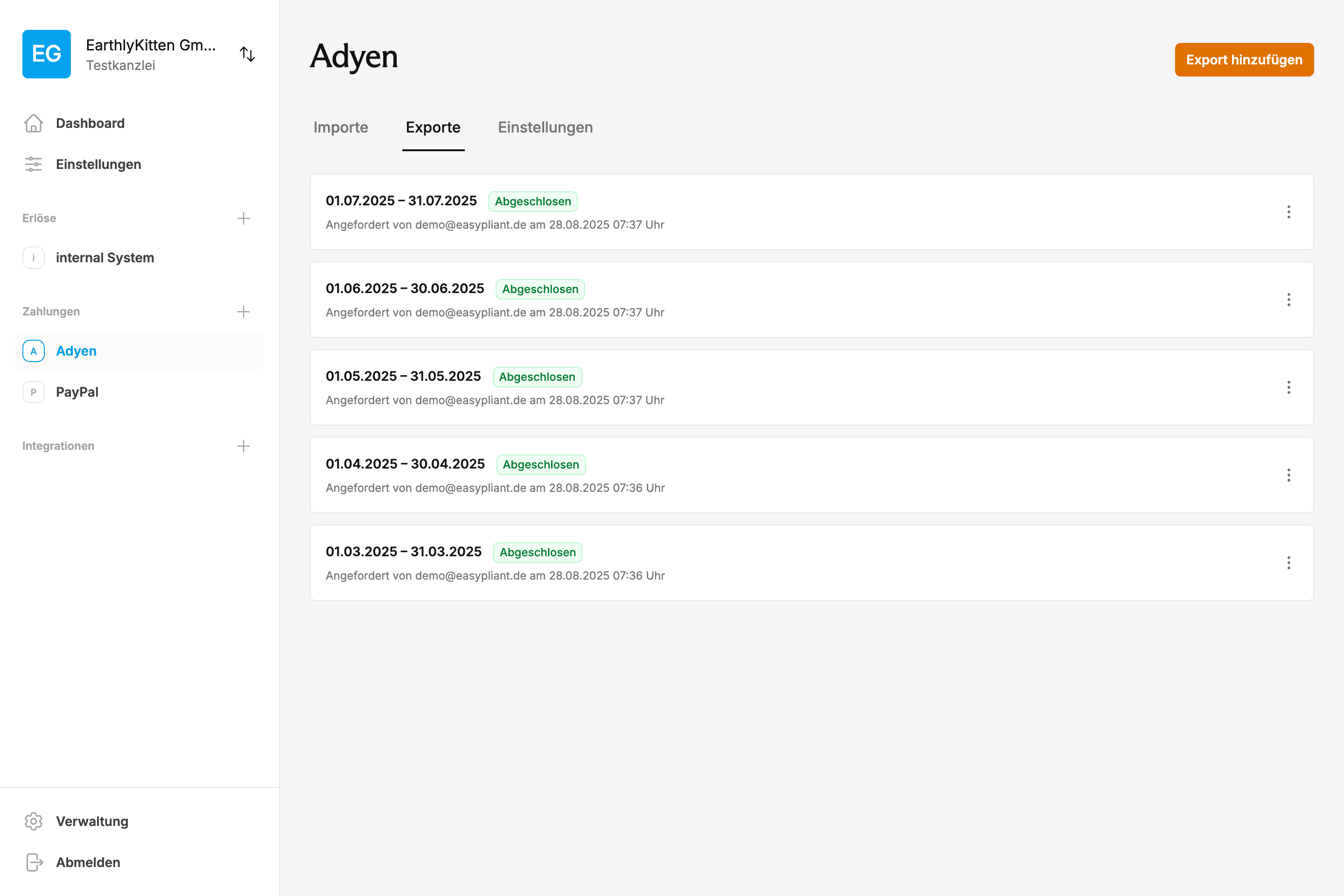 EasyPliant Dashboard zeigt Adyen API Buchhaltung Exporte und automatisierte Batch-Reports Verarbeitung für DATEV-Schnittstelle