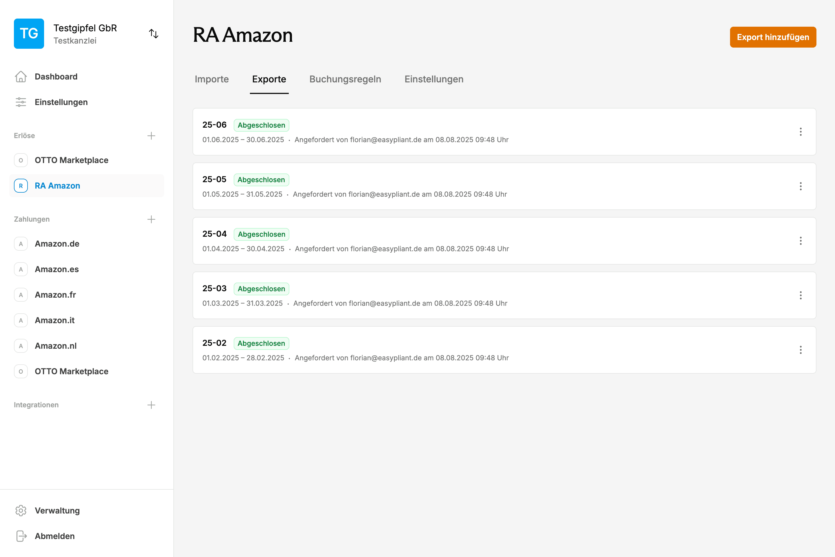 EasyPliant Amazon FBA Buchhaltung Dashboard mit automatisierten Exporten und DATEV-Integration für alle Amazon-Programme