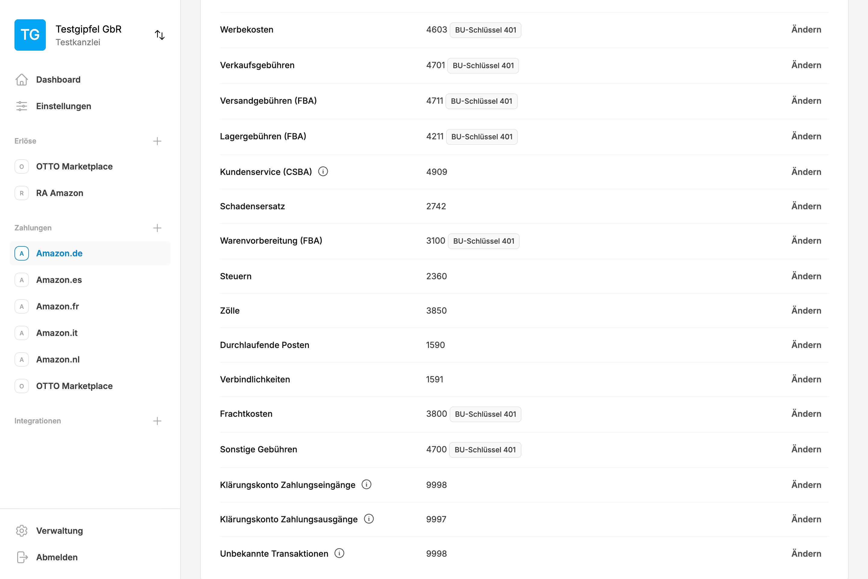 Amazon Gebührenübersicht mit detaillierter Aufschlüsselung von FBA-Kosten, Verkaufsprovisionen und Multi-Channel Fulfillment Gebühren