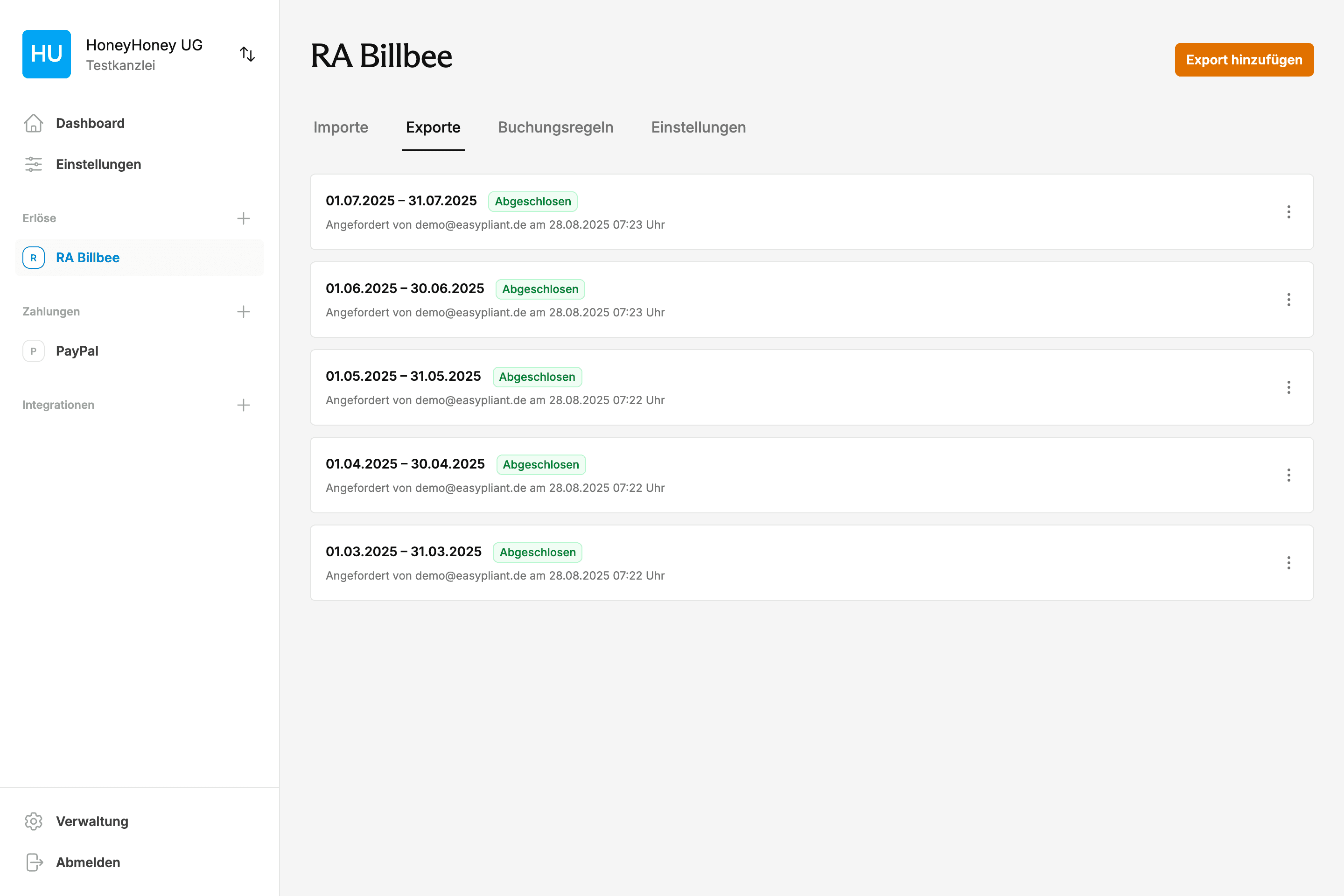 EasyPliant Dashboard zeigt Billbee API Buchhaltung Exporte und automatisierte Transaktionsverarbeitung für DATEV-Schnittstelle