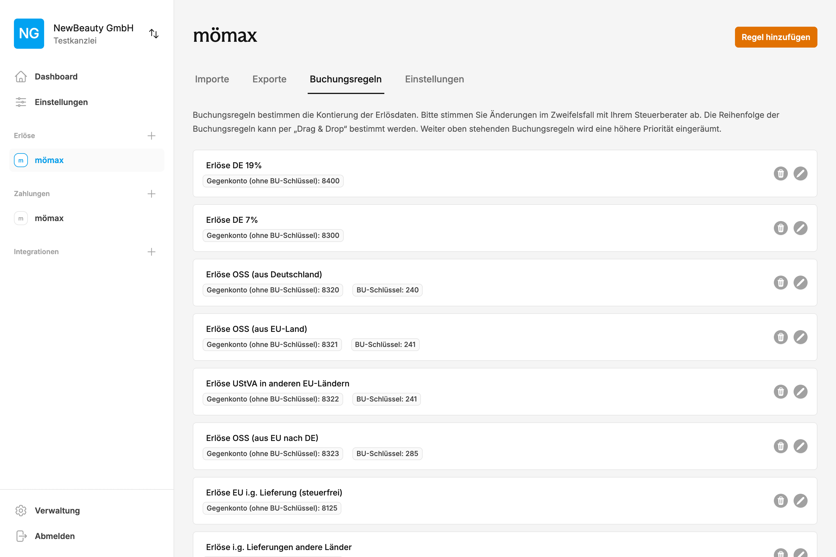mömax DATEV Anbindung zeigt vollautomatische Steuersätze und Warenklassifizierung über mömax-Schnittstelle