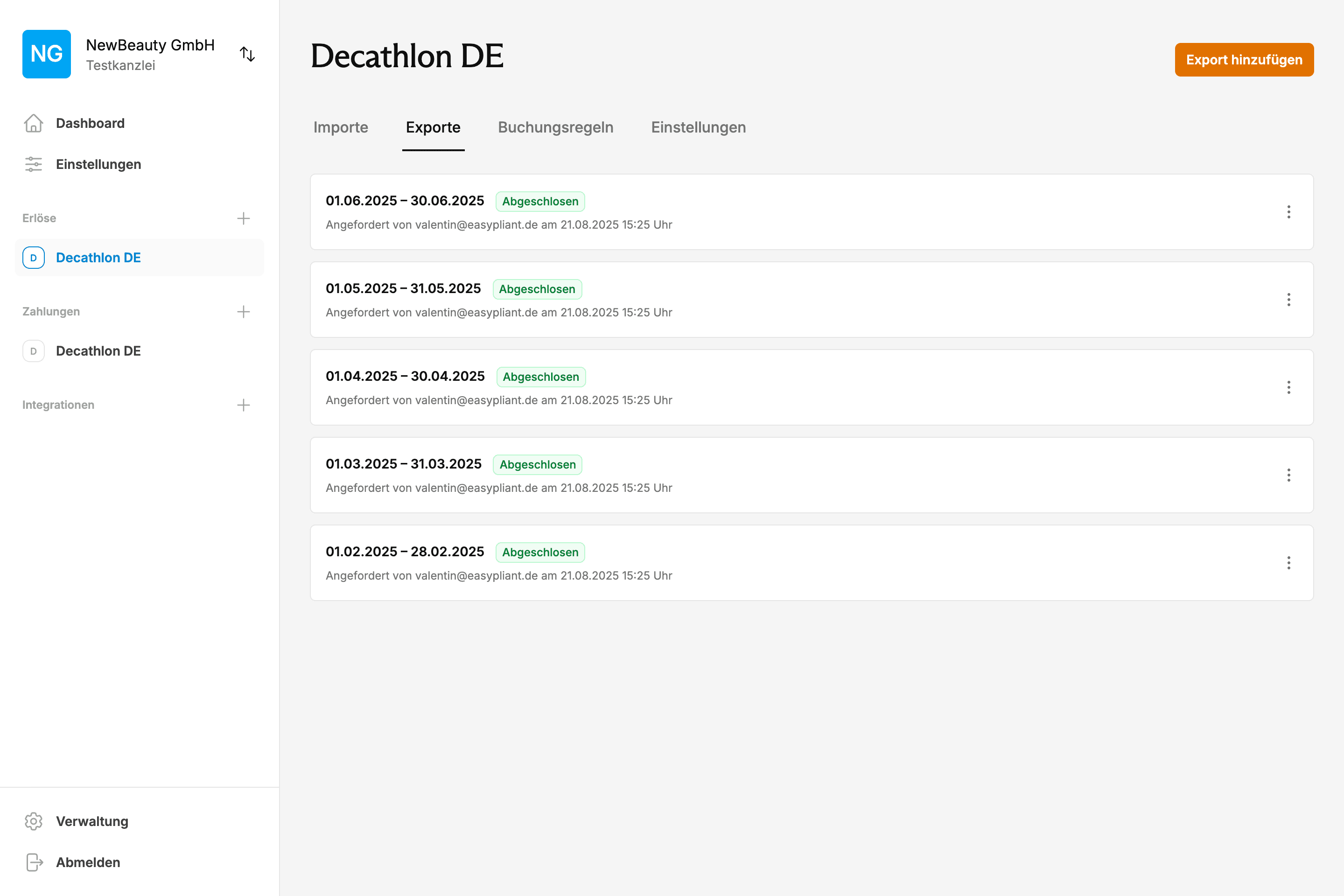 EasyPliant Dashboard mit Decathlon-Buchhaltung Exporten und automatisierter Transaktionsverarbeitung über Decathlon-API für DATEV-Integration