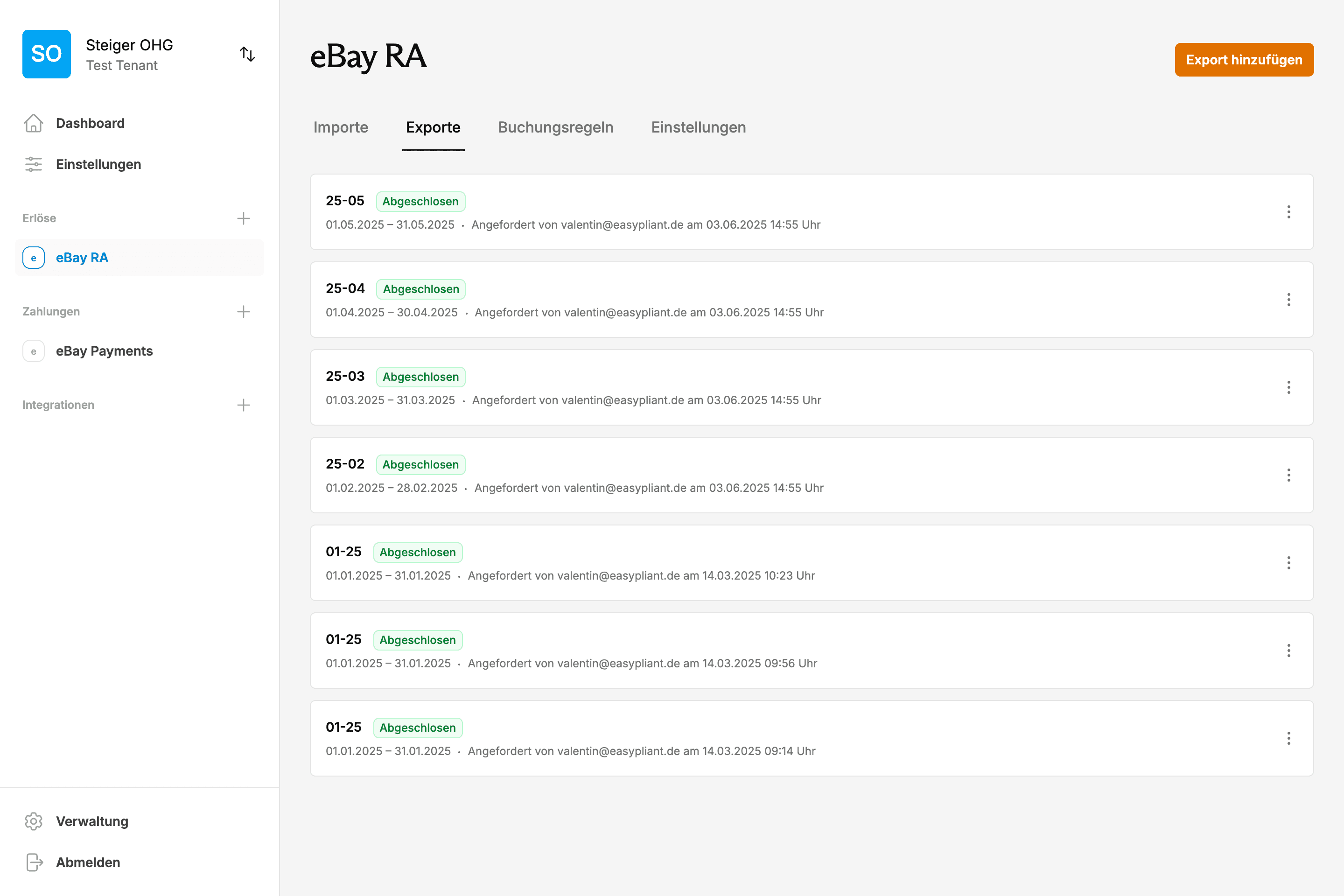 EasyPliant Dashboard zeigt eBay-Buchhaltung Exporte und automatisierte Transaktionsverarbeitung für DATEV-Schnittstelle