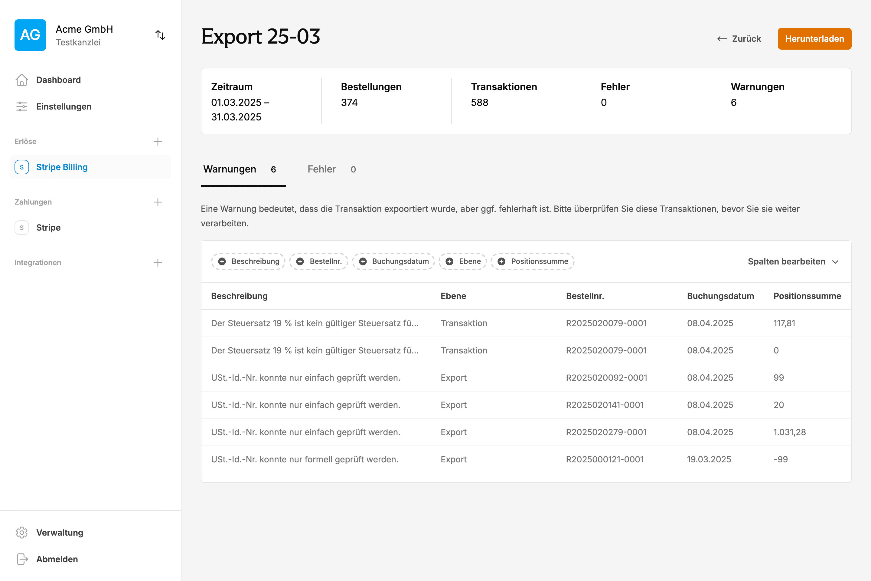 EasyPliant Dashboard zeigt automatisierte Validierung von Stripe Billing Transaktionen mit Compliance-Checks und Fehleridentifikation