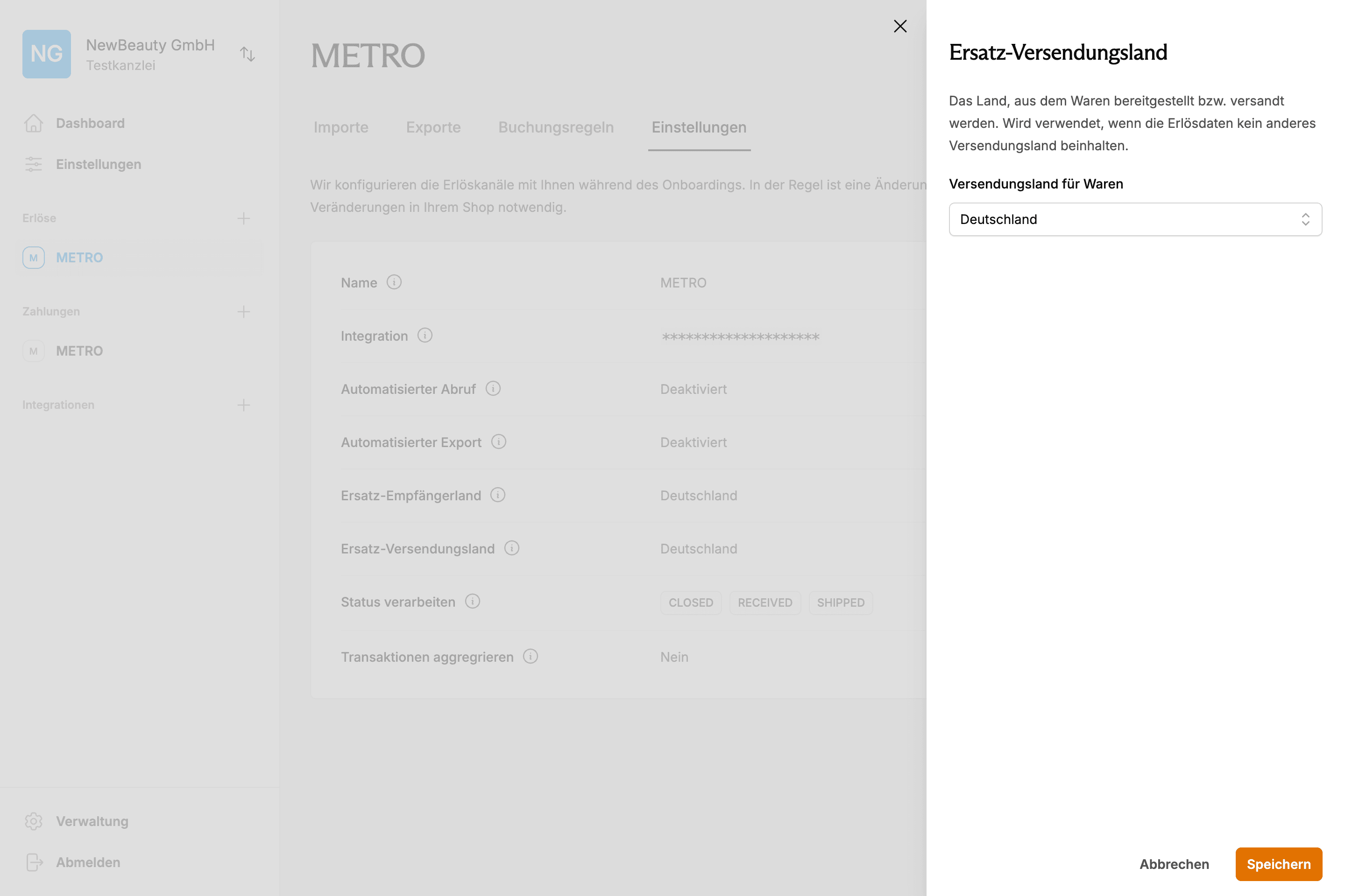 METRO-API Schnittstelle für länderübergreifende Buchhaltung mit separaten Konten für verschiedene Märkte