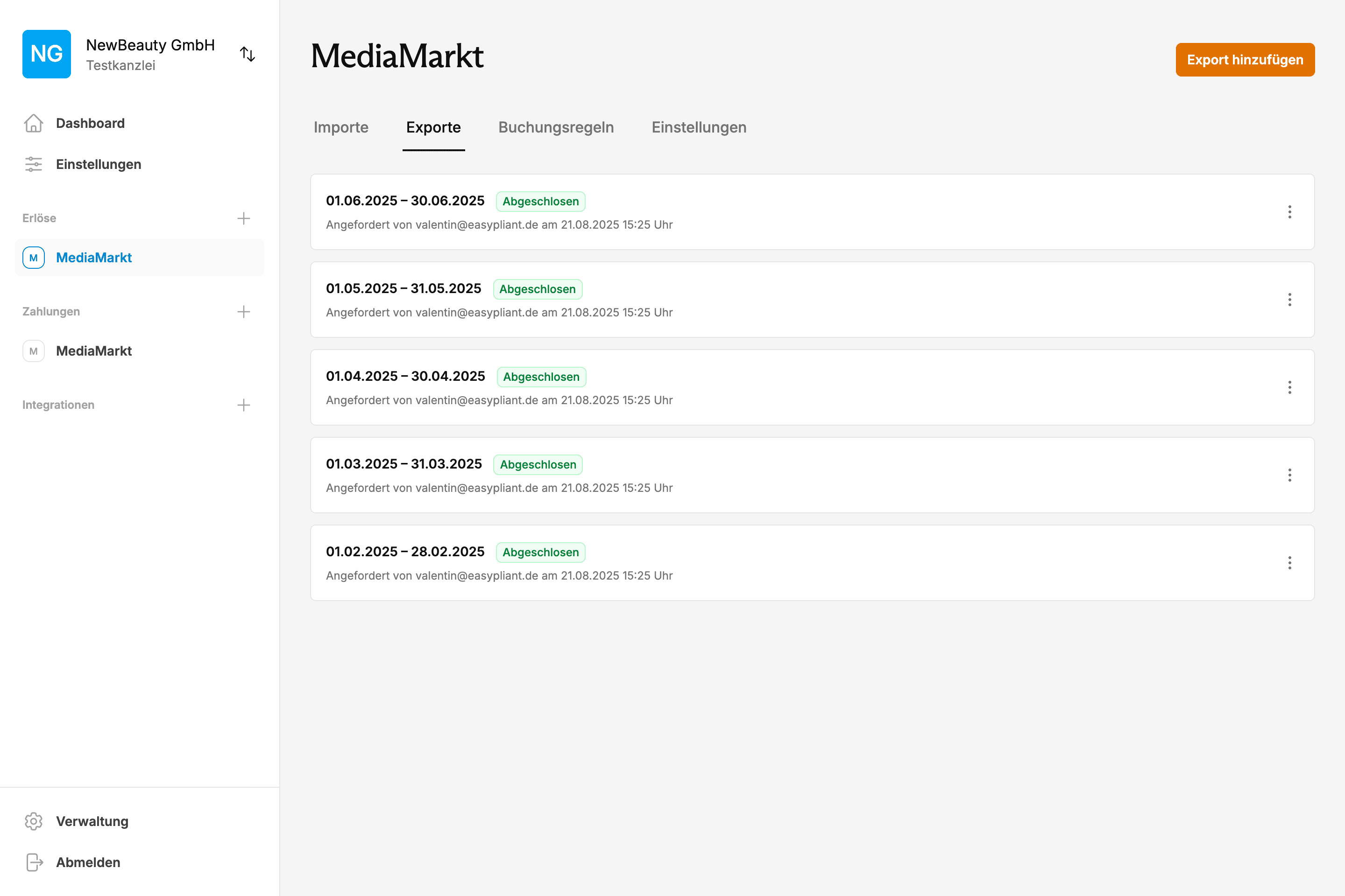 EasyPliant Dashboard zeigt MediaMarkt-API Buchhaltung Exporte und automatisierte Transaktionsverarbeitung für DATEV-Schnittstelle