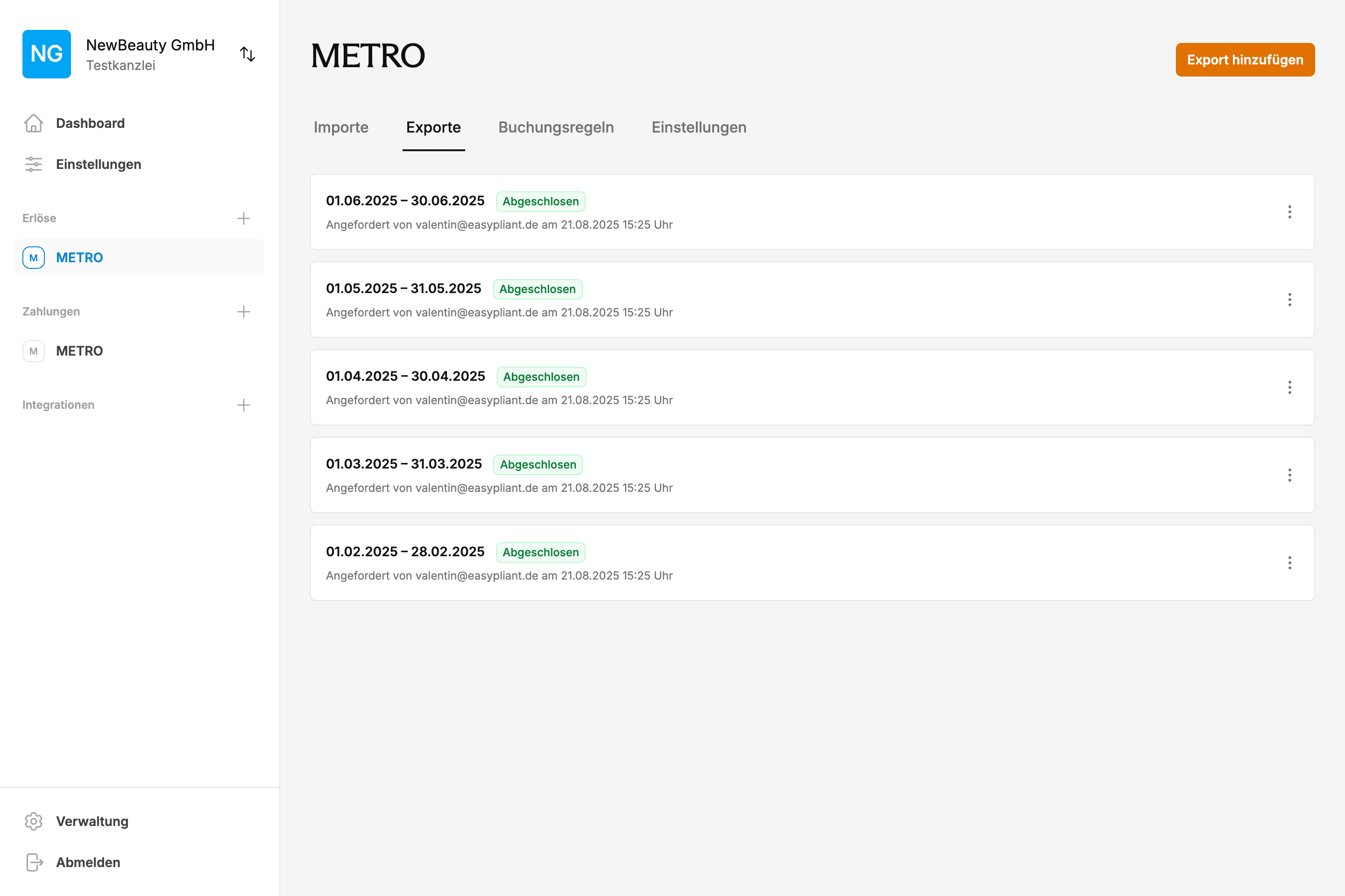EasyPliant Dashboard mit METRO-Buchhaltung Exporten und automatisierter Transaktionsverarbeitung über METRO-Schnittstelle für DATEV-Integration