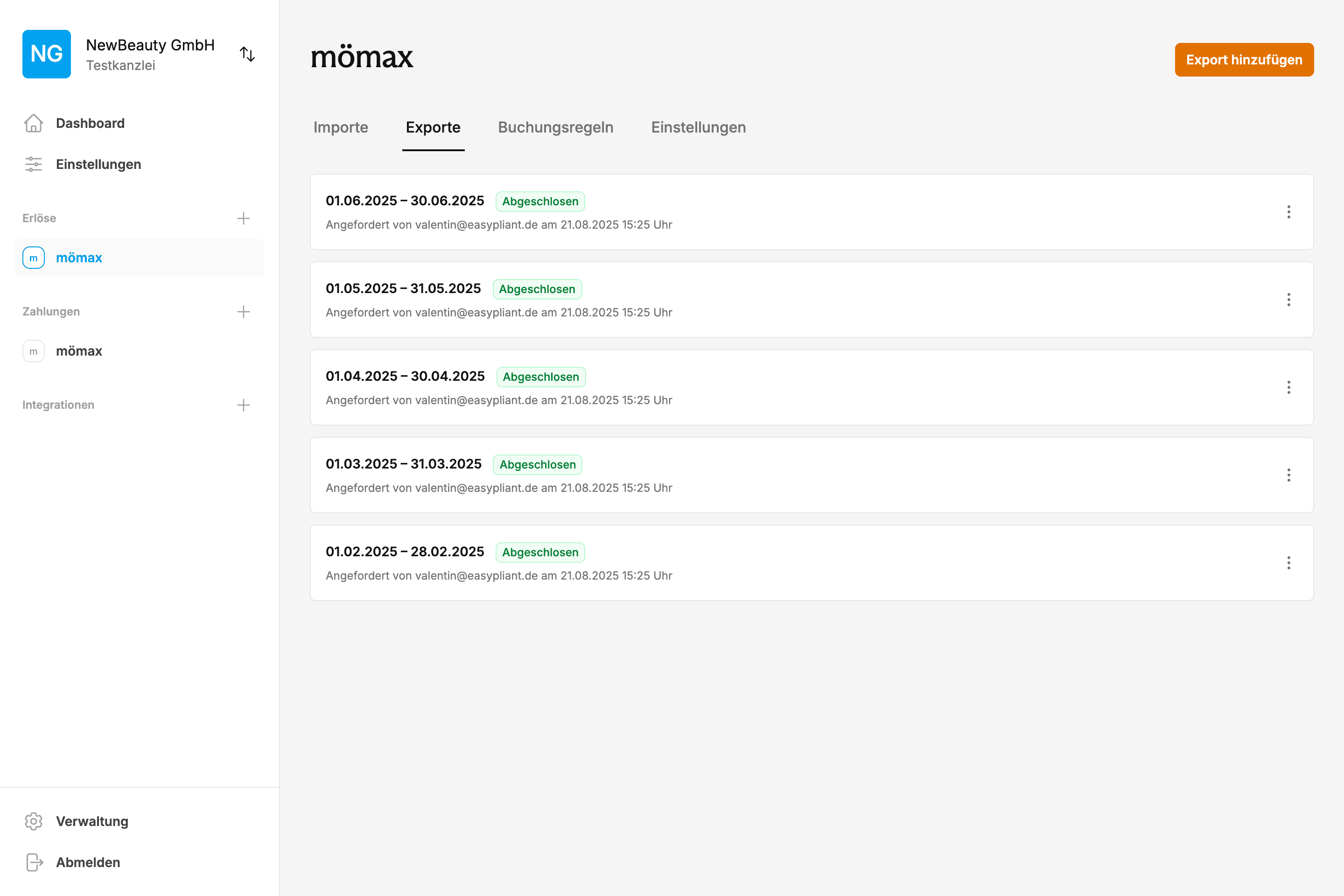 EasyPliant Dashboard mit mömax-Buchhaltung Ausgaben und vollautomatisierter Datenverarbeitung über mömax-API für DATEV Anbindung
