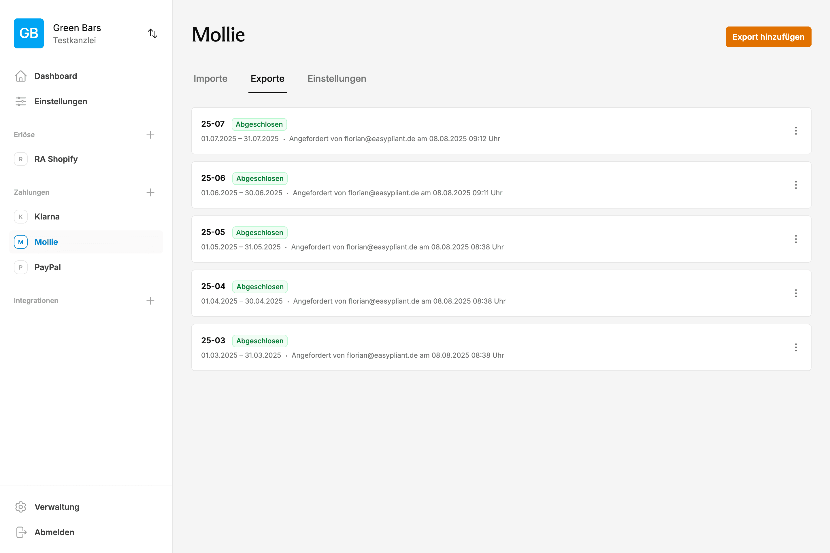 Mollie-API DATEV-Integration Dashboard - Automatische Mollie Buchhaltung Schnittstelle