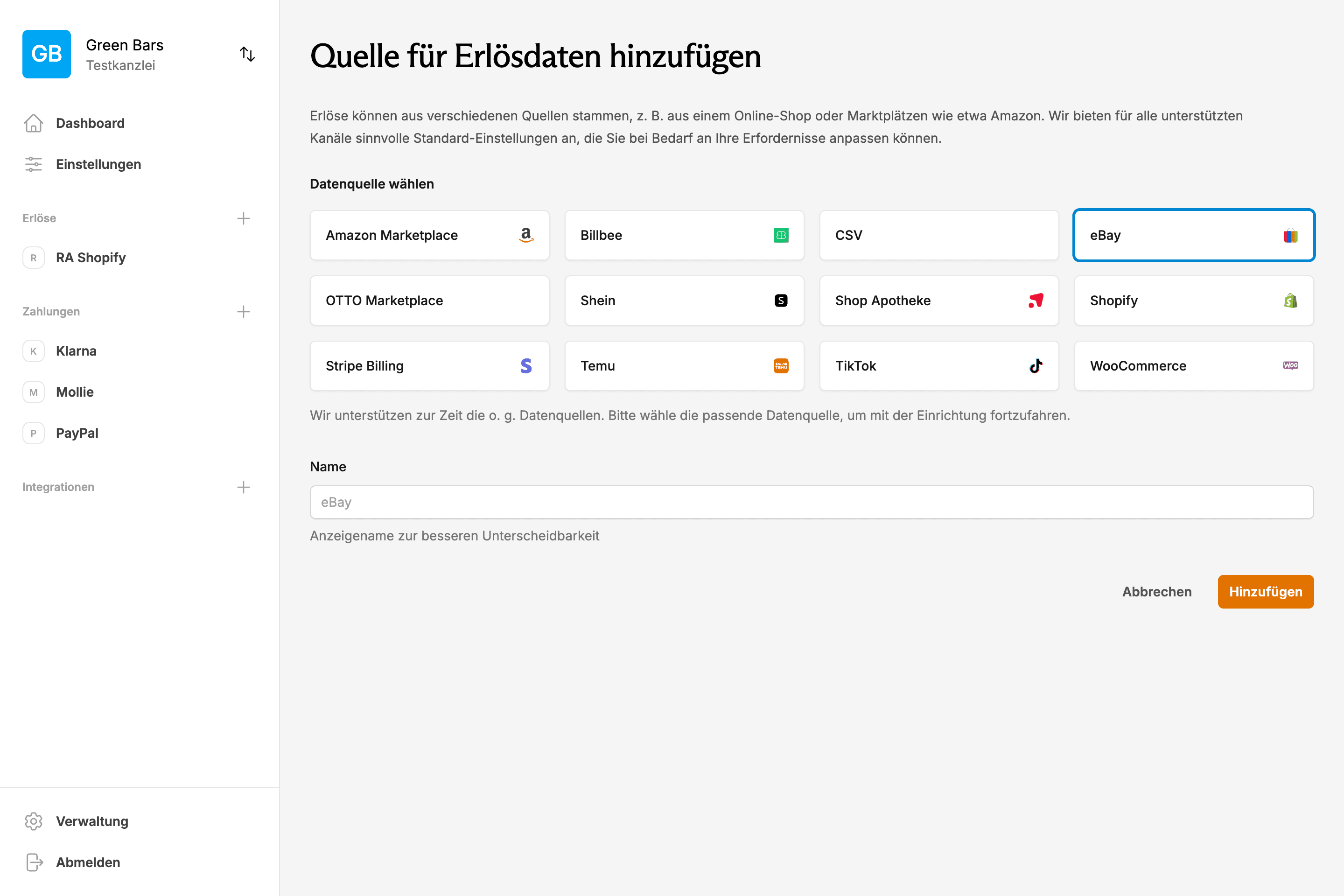Multichannel-Dashboard zeigt konsolidierte Verkäufe aus Shopify, Amazon und eBay für einheitliche DATEV-Buchhaltung