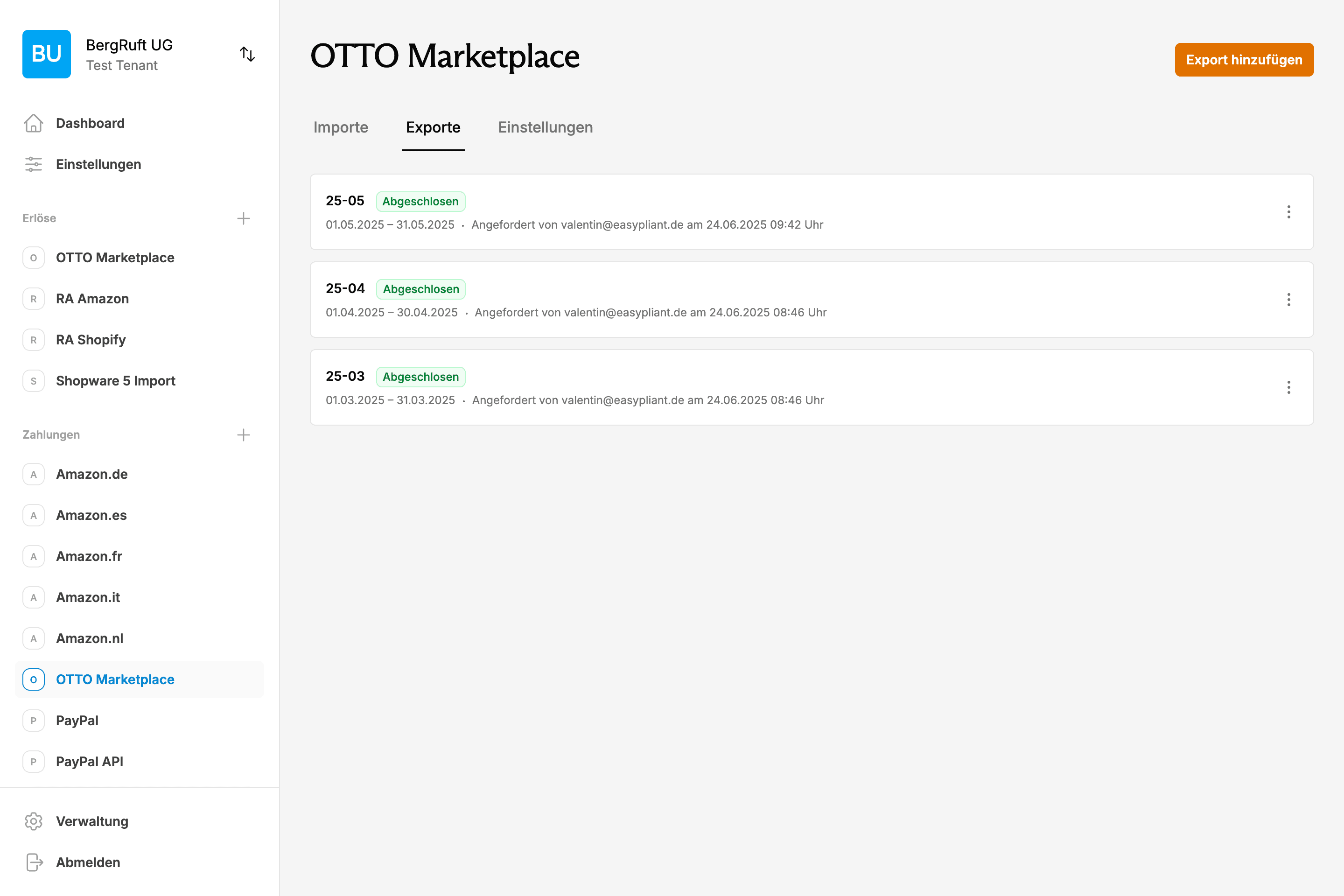 EasyPliant Dashboard zeigt OTTO-API Buchhaltung Exporte und automatisierte Transaktionsverarbeitung für DATEV-Schnittstelle