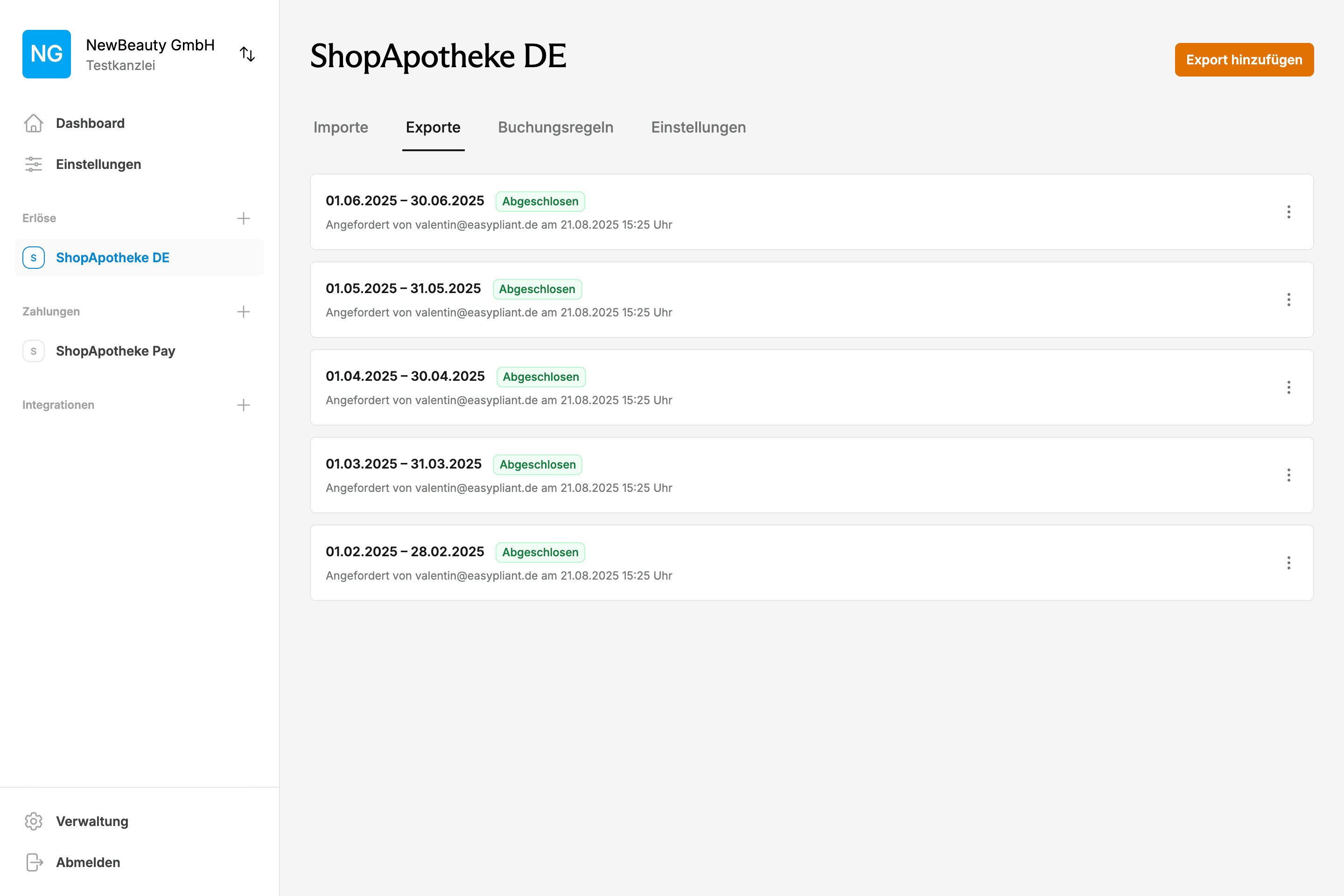 EasyPliant Dashboard zeigt Shop Apotheke-API Buchhaltung Exporte und automatisierte Transaktionsverarbeitung für DATEV-Schnittstelle