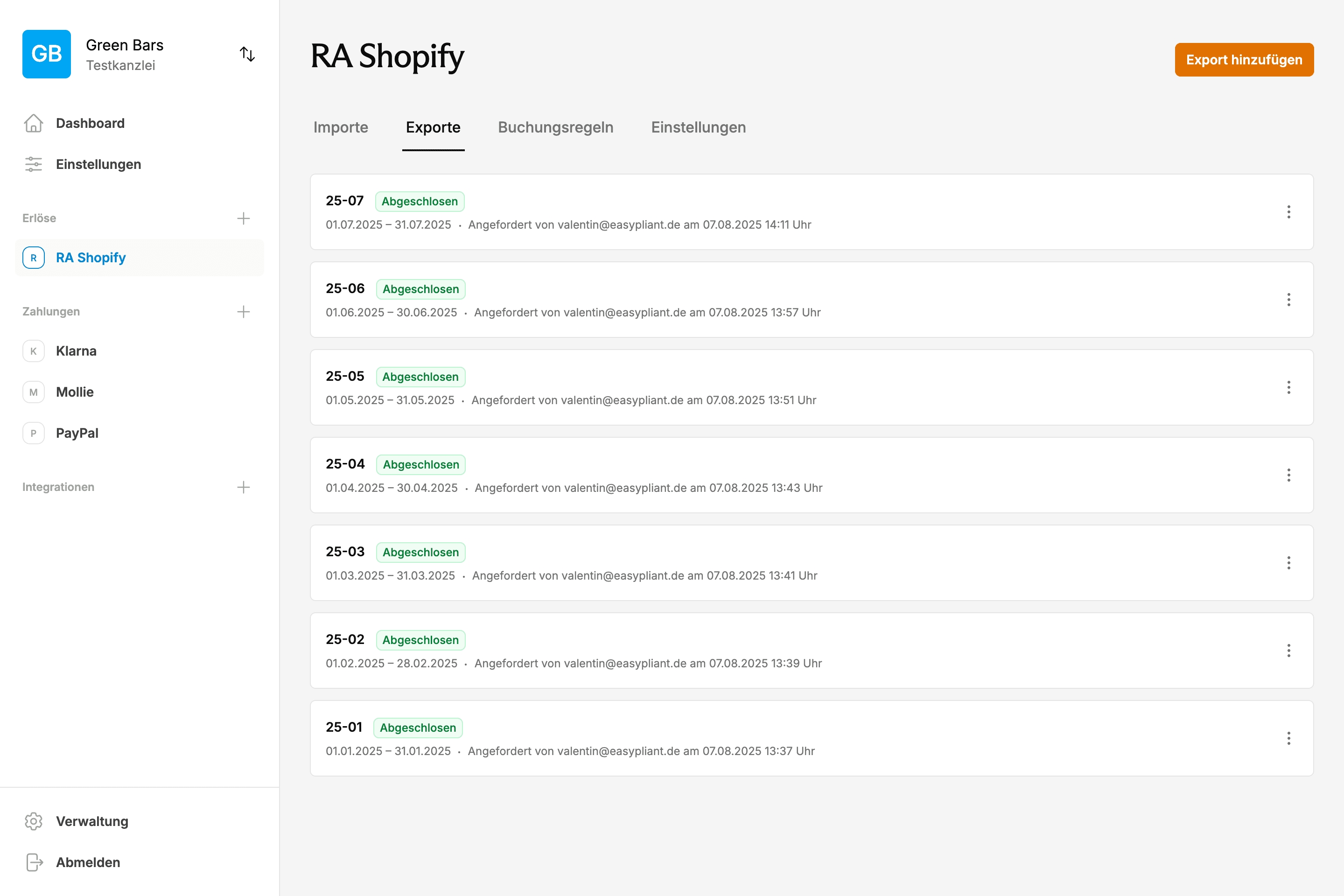 Screenshot der EasyPliant Shopify DATEV-Buchhaltungssoftware mit automatischen Exporten und Buchungssätzen