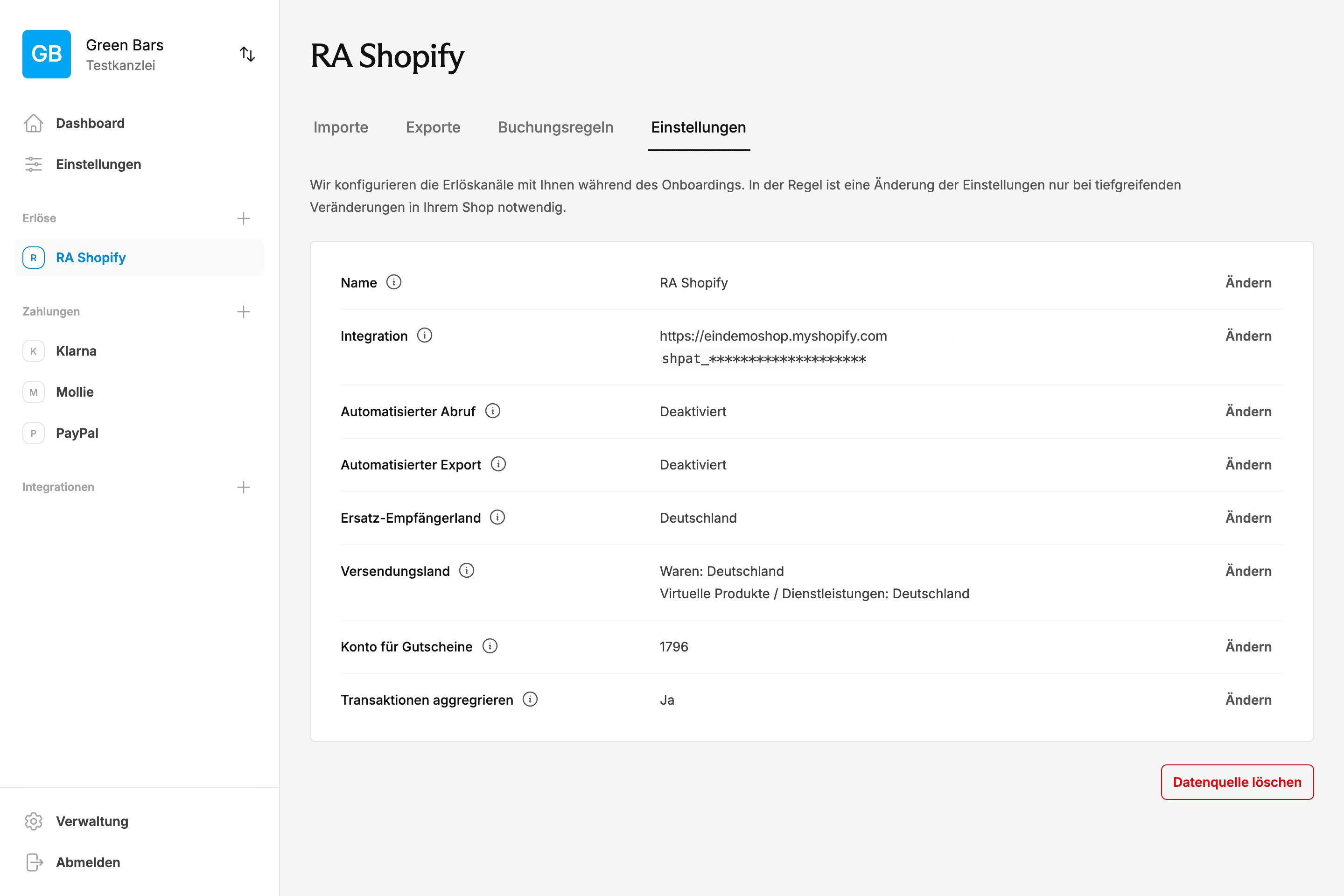 Dashboard der Shopify DATEV-Schnittstelle zeigt automatische Synchronisation von Transaktionsdaten