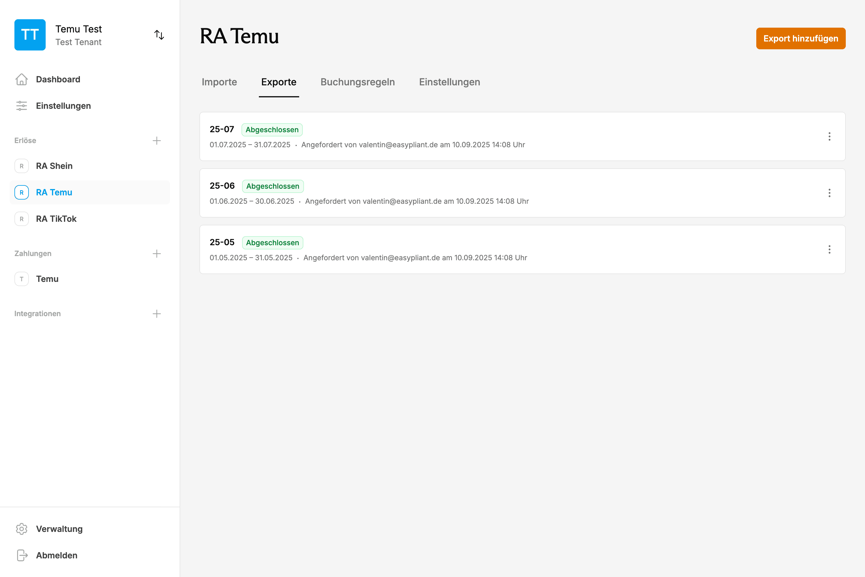 EasyPliant Dashboard zeigt Temu Buchhaltung Exporte und automatisierte Transaktionsverarbeitung für DATEV-Schnittstelle