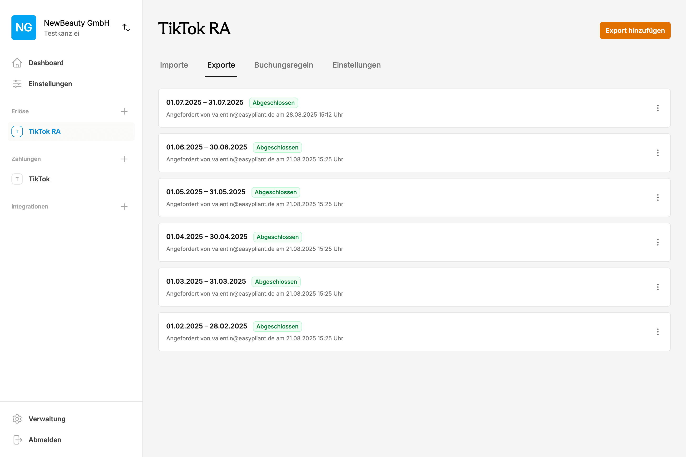 EasyPliant Dashboard zeigt TikTok Shop API Buchhaltung Exporte und automatisierte Transaktionsverarbeitung für DATEV-Schnittstelle